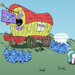 Size: 1600x1600 | Tagged: safe, artist:dreadcoffins, oc, oc only, oc:teal swirl, pony, unicorn, ask teal swirl, eating, poison joke, solo, trixie's wagon, tumblr