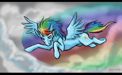 Size: 1024x631 | Tagged: safe, artist:entwin, rainbow dash, g4, female, flying, rainbow trail, solo