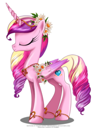 Size: 2005x2590 | Tagged: safe, artist:tiffanymarsou, part of a set, princess cadance, alicorn, pony, g4, alternate hairstyle, colored wings, colored wingtips, concave belly, eyes closed, female, flower, flower in hair, folded wings, high res, jewelry, mare, may festival, side view, simple background, slender, solo, standing, thin, transparent background, wings