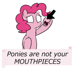 Size: 715x685 | Tagged: safe, artist:maybelle, pinkie pie, earth pony, pony, g4, magic duel, arrow, caption, disembodied mouth, female, mare, meta, modular, mouthpiece, no mouth, old banner, open mouth, simple background, solo, transparent background