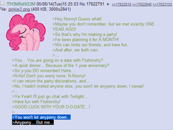 Size: 534x402 | Tagged: safe, pinkie pie, g4, /mlp/, 4chan, 4chan screencap, anon in equestria, greentext, rejection, rejection is magic, sad, text