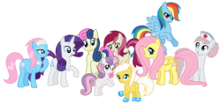 Size: 1303x613 | Tagged: safe, artist:kumkrum, bon bon, fluttershy, lotus blossom, nurse redheart, rainbow dash, rarity, roseluck, sunny daze, sweetie belle, sweetie drops, earth pony, pegasus, pony, unicorn, g4, female, filly, flying, foal, mare, raised hoof, simple background, spa pony, spread wings, transparent background, wings