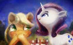 Size: 3420x2126 | Tagged: safe, artist:porkchopsammie, applejack, rarity, g4, high res, laughing, looking up, picnic