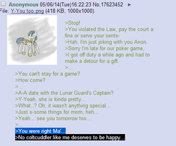 Size: 442x367 | Tagged: safe, /mlp/, 4chan, 4chan screencap, anon in equestria, gay, greentext, male, rejection, rejection is magic, royal guard, sad, text