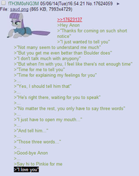 Size: 401x507 | Tagged: safe, maud pie, g4, /mlp/, 4chan, 4chan screencap, anon in equestria, greentext, rejection, rejection is magic, sad, text