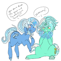 Size: 550x550 | Tagged: safe, artist:at-rope-ends, lyra heartstrings, trixie, g4, hand, magic