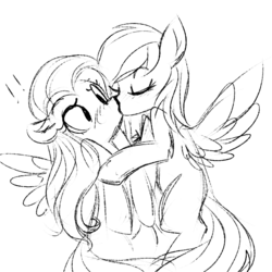 Size: 900x900 | Tagged: safe, artist:pegacornss, fluttershy, rainbow dash, pegasus, pony, g4, duo, female, grayscale, kiss on the lips, kissing, lesbian, mare, monochrome, ship:flutterdash, shipping, spread wings, surprise kiss, wings