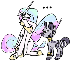 Size: 1280x1063 | Tagged: safe, artist:nobody, princess celestia, zecora, zebra, g4, ..., floppy ears, frown, gritted teeth, looking at you, looking away, nervous, sitting, unamused, wide eyes