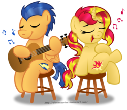 Size: 1280x1105 | Tagged: safe, artist:aleximusprime, flash sentry, sunset shimmer, pegasus, pony, unicorn, g4, female, guitar, male, music notes, ship:flashimmer, shipping, simple background, singing, stool, straight, transparent background