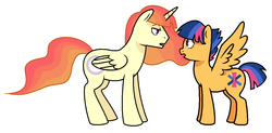 Size: 1126x552 | Tagged: safe, artist:unoriginai, oc, oc only, oc:prince dawn, oc:starburst, alicorn, pegasus, pony, alicorn oc, crossover, duo, eye contact, half-siblings, interdimensional siblings, magical lesbian spawn, multiverse, offspring, open mouth, parent:flash sentry, parent:princess celestia, parent:twilight sparkle, parents:flashlight, parents:twilestia, royalty, simple background, spread wings, white background