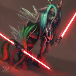 Size: 900x900 | Tagged: safe, artist:grissaecrim, queen chrysalis, oc, oc:temptation, changeling, changeling queen, g4, armor, double lightsaber, duo, duo female, female, lightsaber, looking at you, sith, star wars, weapon