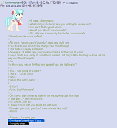 Size: 599x656 | Tagged: safe, coco pommel, g4, /mlp/, 4chan, 4chan screencap, anon in equestria, greentext, rejection, rejection is magic, sad, text