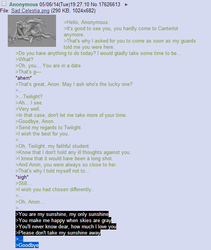 Size: 546x646 | Tagged: safe, princess celestia, g4, /mlp/, 4chan, 4chan screencap, anon in equestria, greentext, rejection, rejection is magic, sad, text