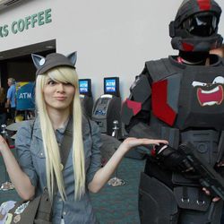 Size: 581x581 | Tagged: safe, artist:meekcheep, derpy hooves, human, g4, bag, convention, cosplay, customized toy, halo (series), hat, irl, irl human, odst, orbital drop shock trooper, photo, san diego comic con
