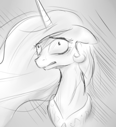 Size: 1280x1405 | Tagged: safe, artist:nobody, princess celestia, g4, female, floppy ears, gritted teeth, monochrome, scared, solo, wide eyes