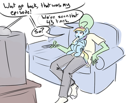 Size: 1280x1046 | Tagged: safe, artist:nobody, rainbow dash, oc, oc:anon, human, pegasus, pony, g4, clothes, couch, cute, dashabetes, female, human male, lap, male, open mouth, sitting, size difference, smiling, speech bubble, television