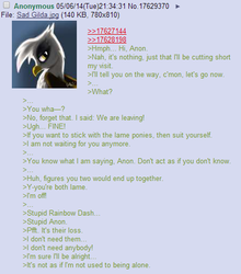 Size: 446x506 | Tagged: safe, gilda, griffon, g4, /mlp/, 4chan, 4chan screencap, anon in equestria, greentext, rejection, rejection is magic, sad, text