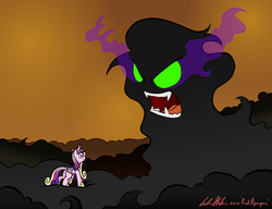Size: 6542x5033 | Tagged: safe, artist:redapropos, king sombra, princess cadance, alicorn, pony, umbrum, g4, absurd resolution, angry, hoof shoes, open mouth, shadow, sombra eyes
