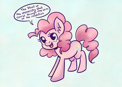 Size: 1000x720 | Tagged: safe, artist:steveholt, pinkie pie, earth pony, pony, g4, cute, dialogue, dissonant caption, female, grimcute, mare, open mouth, revolution, smiling, solo, speech bubble, text, three quarter view