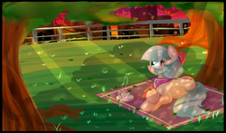 Size: 5100x2999 | Tagged: safe, artist:xwhitedreamsx, coco pommel, earth pony, pony, g4, cottagecore, female, fence, grass, high res, leaves, mare, picnic blanket, solo, tea, teacup, tree