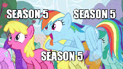 Size: 600x338 | Tagged: safe, screencap, amethyst star, carrot top, cherry berry, golden harvest, rainbow dash, sparkler, spring melody, sprinkle medley, g4, season 2, season 5, the super speedy cider squeezy 6000, animated, background pony, female, hype, image macro, meme