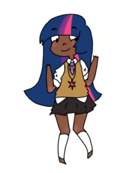 Size: 575x782 | Tagged: safe, artist:kagakuu, twilight sparkle, human, g4, clothes, dark skin, female, humanized, kneesocks, necktie, school uniform, schoolgirl, skirt, socks, solo, sweater vest