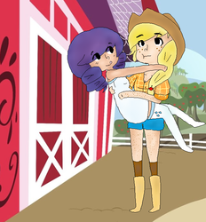 Size: 633x681 | Tagged: safe, artist:kagakuu, applejack, rarity, human, g4, spike at your service, female, freckles, humanized, lesbian, scene interpretation, ship:rarijack, shipping