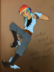 Size: 1536x2048 | Tagged: safe, artist:cycat, rainbow dash, human, g4, belt, boots, clothes, female, fingerless gloves, gloves, humanized, shoes of hermes, solo, winges shoes