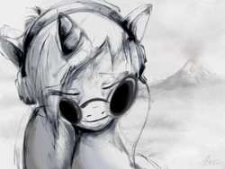 Size: 1600x1200 | Tagged: safe, artist:firgof, dj pon-3, vinyl scratch, g4, black and white, female, grayscale, headphones, sketch, solo