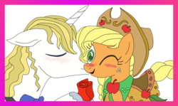 Size: 740x440 | Tagged: safe, artist:princeblueblood, applejack, prince blueblood, g4, female, kissing, male, rose, ship:bluejack, shipping, straight