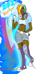 Size: 1000x2000 | Tagged: safe, artist:konamcglumdrop, rainbow dash, human, g4, adonis belt, boots, clothes, converse, dark skin, female, fingerless gloves, gloves, goggles, headphones, humanized, midriff, shoes, shorts, solo