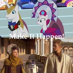 Size: 600x600 | Tagged: safe, duchess of maretonia, prince blueblood, princess cadance, princess celestia, princess luna, g4, anakin skywalker, exploitable meme, ice mirror, make it happen, meme, padme amidala, r2-d2, star wars