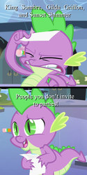 Size: 500x1000 | Tagged: safe, screencap, spike, equestria games, g4, my little pony: friendship is magic, pinkie pride, caption, carnac the magnificent, envelope reading, johnny carson, male, meme, pencil, solo