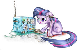 Size: 1200x767 | Tagged: safe, artist:snakeonmoon, twilight sparkle, g4, blank flank, earpiece, female, solo, telegraph machine, tongue out, traditional art