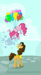Size: 1600x2880 | Tagged: safe, artist:captainmcderpachu, artist:everlastingderp, cheese sandwich, pinkie pie, earth pony, pony, g4, balloon, blowing bubbles, bubble, female, flying, male, mare, ship:cheesepie, shipping, stallion, straight, then watch her balloons lift her up to the sky