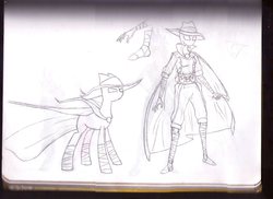 Size: 3509x2550 | Tagged: safe, artist:dashprime, mare do well, human, g4, bandage, cape, clothes, female, hat, high res, humanized, monochrome, sketch, traditional art