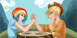 Size: 6296x3148 | Tagged: safe, artist:tao-mell, applejack, rainbow dash, human, fall weather friends, g4, arm wrestling, clothes, humanized, scene interpretation