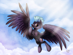 Size: 900x677 | Tagged: safe, artist:tsitra360, thunderlane, pegasus, pony, g4, cloud, cloudy, crepuscular rays, flying, grin, looking at you, male, sky, smirk, solo, spread wings, stallion