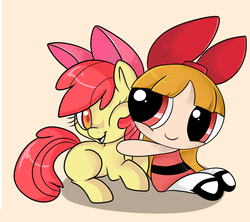 Size: 900x800 | Tagged: artist needed, safe, apple bloom, earth pony, pony, g4, blossom (powerpuff girls), crossover, cute, hug, the powerpuff girls