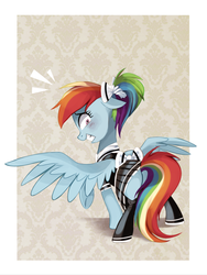 Size: 701x934 | Tagged: safe, artist:pepooni, rainbow dash, pegasus, pony, adorasexy, alternate hairstyle, blushing, bottomless, bow, butt, caught, clothes, cute, dashabetes, embarrassed, female, looking at you, looking back, maid, mare, out of frame, partial nudity, plot, ponytail, rainbow dash always dresses in style, rainbow maid, sexy, solo, tsunderainbow, tsundere