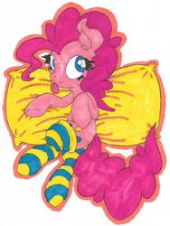 Size: 913x1212 | Tagged: safe, artist:dfectivedvice, artist:krazykari, pinkie pie, earth pony, pony, g4, clothes, colored, female, mare, pillow, socks, solo, striped socks, tongue out