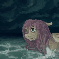 Size: 4000x4000 | Tagged: safe, artist:celestiawept, fluttershy, g4, bust, dark, female, floppy ears, looking up, ocean, solo, water, wet mane