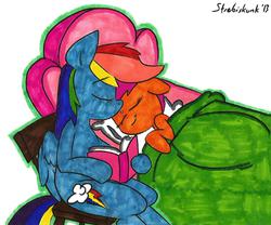 Size: 1208x1006 | Tagged: safe, artist:krazykari, artist:strebiskunk, rainbow dash, scootaloo, g4, bed, book, colored