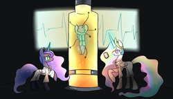 Size: 1400x800 | Tagged: safe, artist:joycall6, princess celestia, princess luna, pony, g4, clothes, lab coat, science