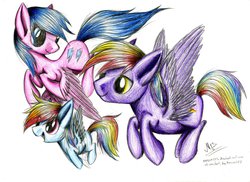 Size: 1024x744 | Tagged: safe, artist:kobra333, firefly, rainbow blaze, rainbow dash, g1, g4, family, female, filly, flying, male, ship:fireblaze, shipping, straight, traditional art, younger