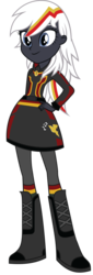 Size: 1127x3298 | Tagged: safe, artist:geekladd, oc, oc only, oc:velvet remedy, human, unicorn, fallout equestria, equestria girls, g4, boots, clothes, dress, equestria girls-ified, fallout, fanfic, fanfic art, female, high heel boots, humanized, rainbow dash's boots, rainbow dash's clothes, rainbow dash's shirt, rainbow dash's skirt, rainbow dash's socks, shoes, simple background, smiling, solo, transparent background