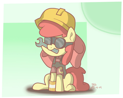 Size: 837x668 | Tagged: safe, artist:trace-101, apple bloom, earth pony, pony, g4, crossover, engie bloom, engineer, engineer (tf2), female, filly, foal, glasses, helmet, mouth hold, solo, team fortress 2, wrench
