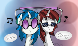 Size: 840x502 | Tagged: safe, artist:trace-101, 33 1-3 lp, dj pon-3, long play, vinyl scratch, pony, unicorn, g4, brother and sister, classic, classical, classy, duo, headphones, headset, listening, listening to music, music, sharing headphones, siblings