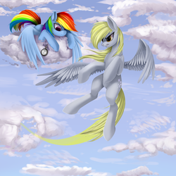 Size: 2700x2700 | Tagged: safe, artist:santagiera, derpy hooves, rainbow dash, pegasus, pony, g4, angry, cloud, cloudy, duo, female, flying, high res, mare, timer