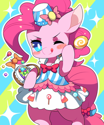 Size: 800x958 | Tagged: safe, artist:kabosu, pinkie pie, earth pony, pony, g4, bipedal, blush sticker, blushing, candy, clothes, dress, female, gala dress, one eye closed, pixiv, solo, standing on two hooves, tongue out, wink